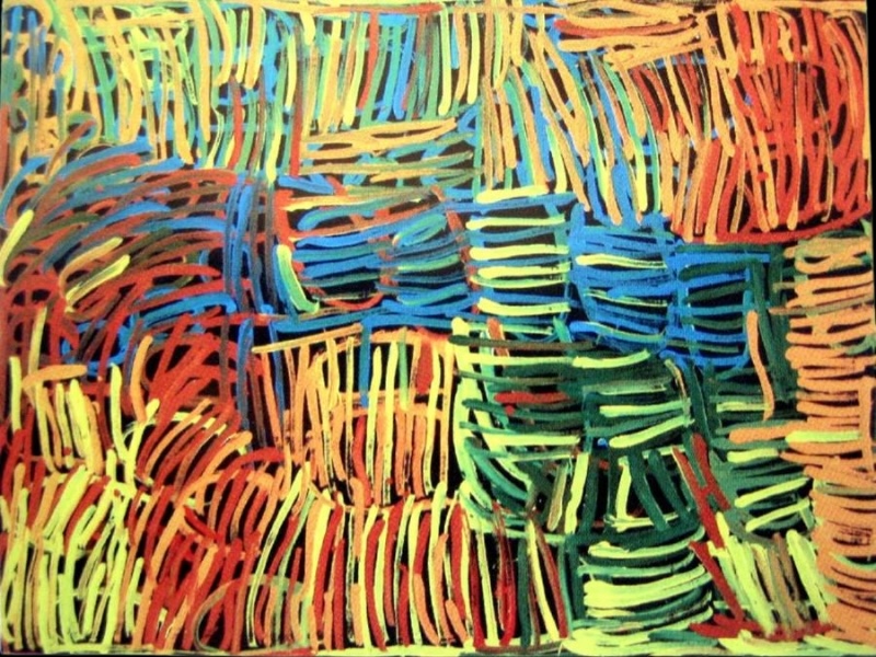 Minnie Pwerle painting of densely arranged yellow, green, blue, red and orange curved forms filled with parallel lines against a black background.