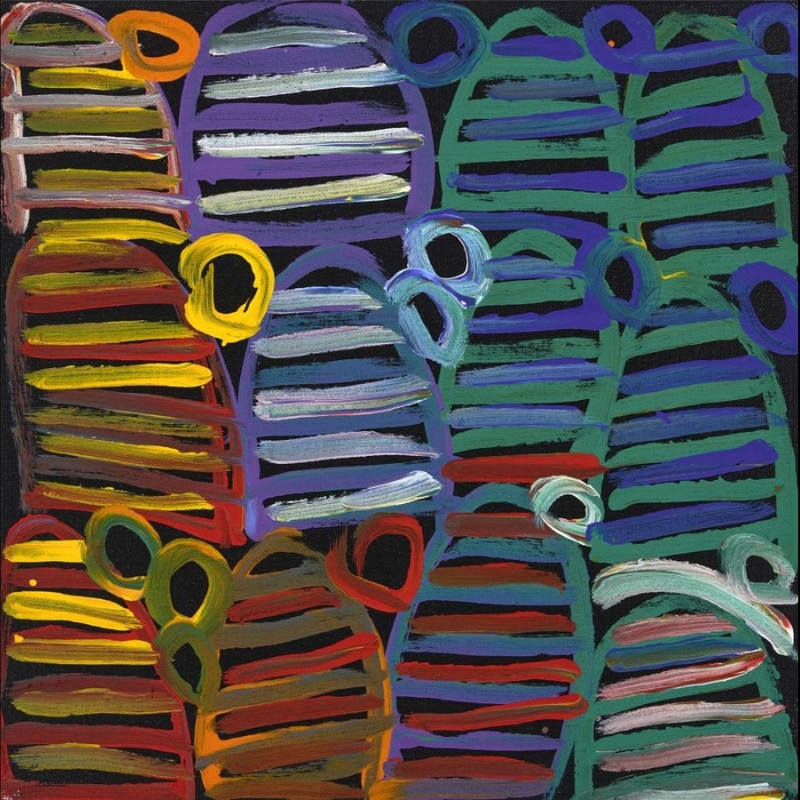 Minnie Pwerle Awelye – Anemangngkerr painting with bold striped forms and circular marks in green, purple, red and yellow.