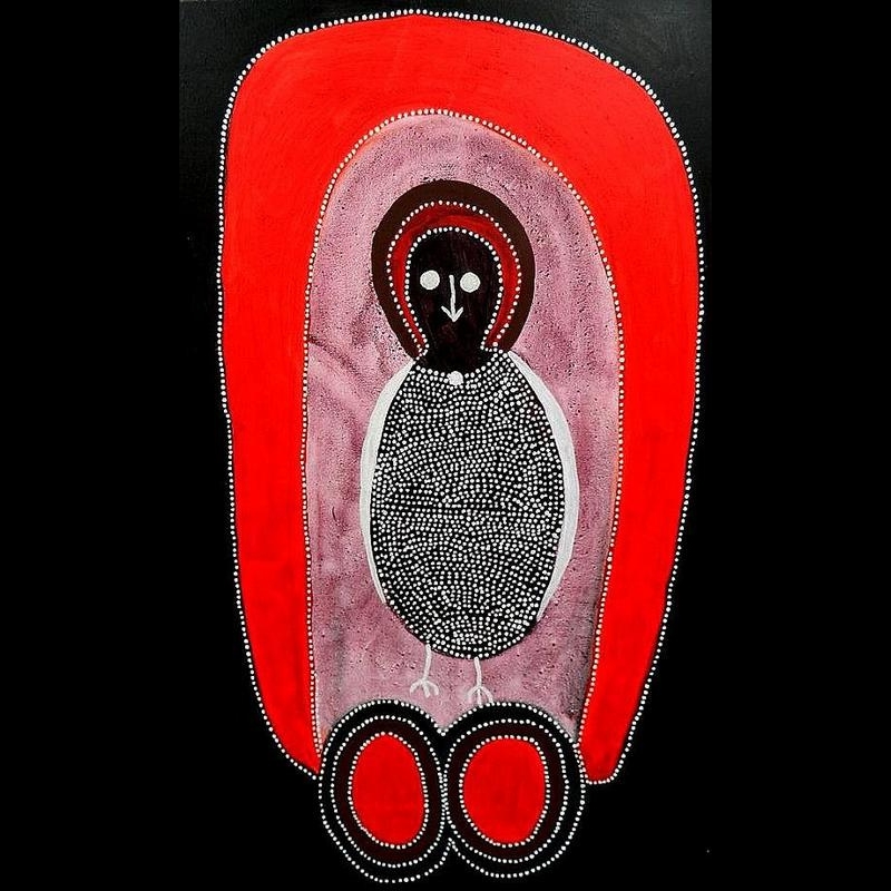 Jack Dale Mengenen painting of a single owl-like Wandjina with a black oval body covered in dense white dots, surrounded by red and pink halo forms above two red Djalala stones.