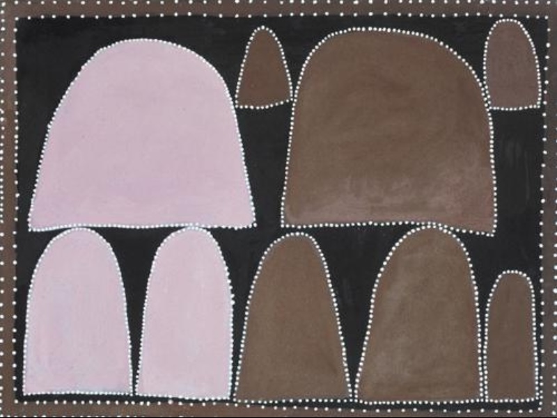 Queenie McKenzie ochre landscape with large pale pink and brown rounded hills surrounded by smaller hills on a deep black ground.