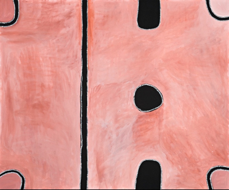 Rammey Ramsey painting with a softly brushed pink and red ground divided by a long vertical black line. Several black rounded and oval forms appear across the composition, with fine white dotted outlines around their edges.