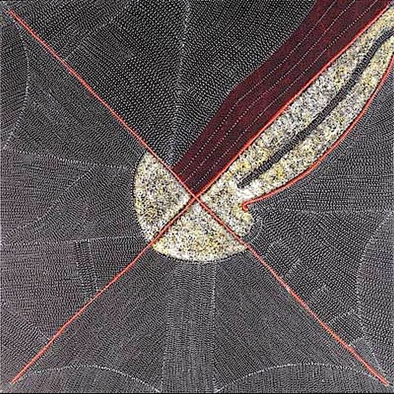 Kathleen Petyarre’s Mountain Devil Lizard Dreaming, 2009, with dense fine dotting, crossing red lines and elongated white and dark red forms.