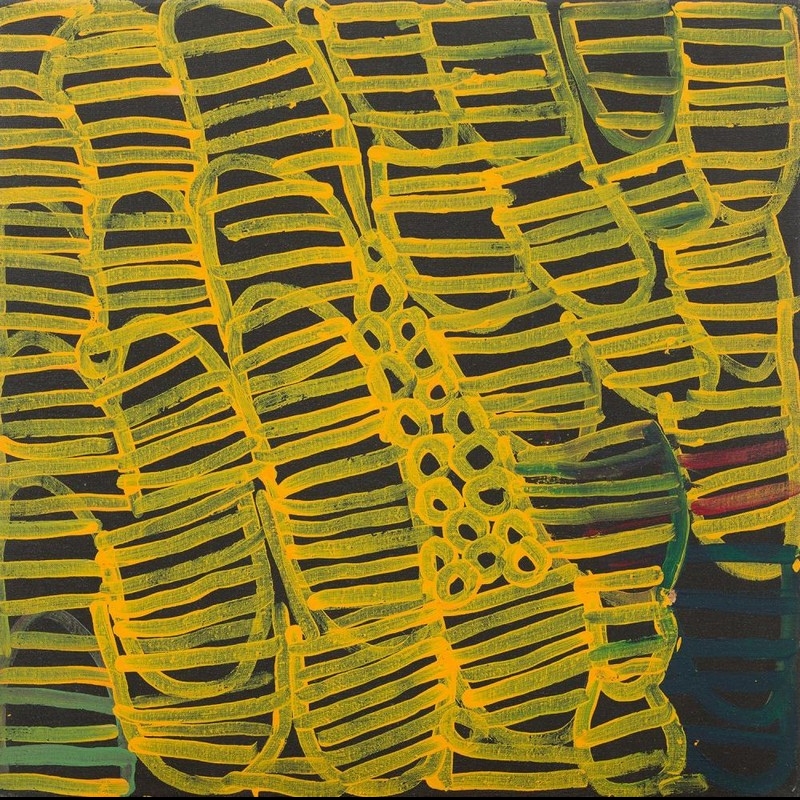 Minnie Pwerle Awelye – Atnwengerrp, 2005, with yellow linear body-paint designs and small circular forms.