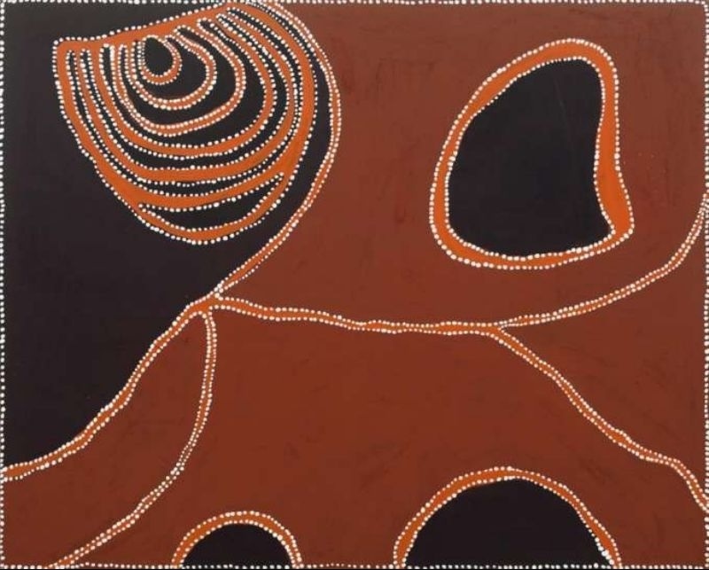 Rover Thomas Big Hill at Bedford Station 1995, an ochre landscape of hills and pathways outlined with white dots, recalling a killing at Bedford Downs.
