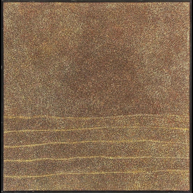 Kathleen Petyarre’s Thorny Devil Lizard Dreaming, 1997, with dense ochre fine dotting and parallel horizontal bands across the lower part of the painting.