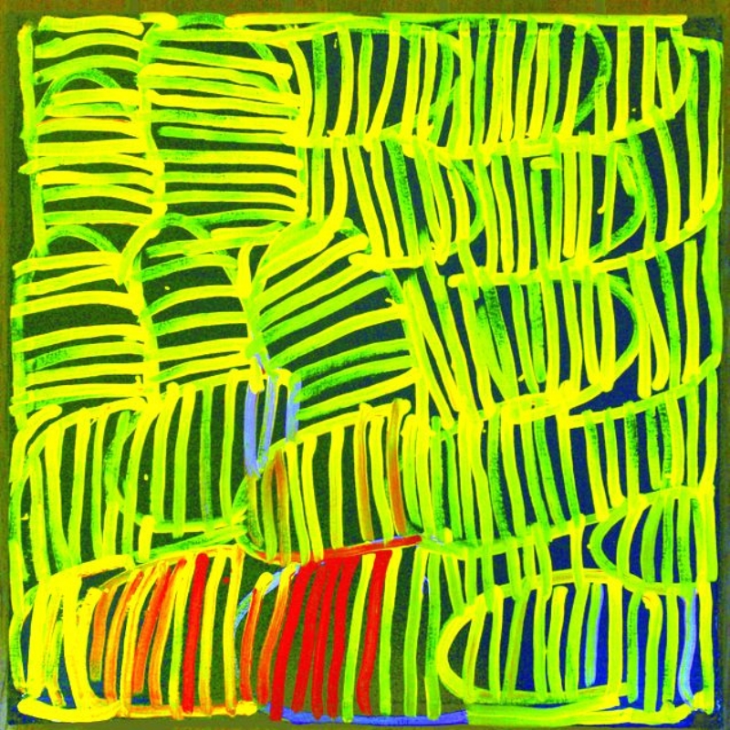 Minnie Pwerle painting of vivid yellow-green striped forms arranged in overlapping blocks on a dark ground, with small areas of red, orange, blue and purple near the lower edge.
