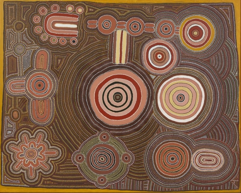 Kathleen Petyarre’s Untitled, 1989, with concentric circles, U-shaped forms and dense dotted linear patterns in ochre, red, yellow, white and black.