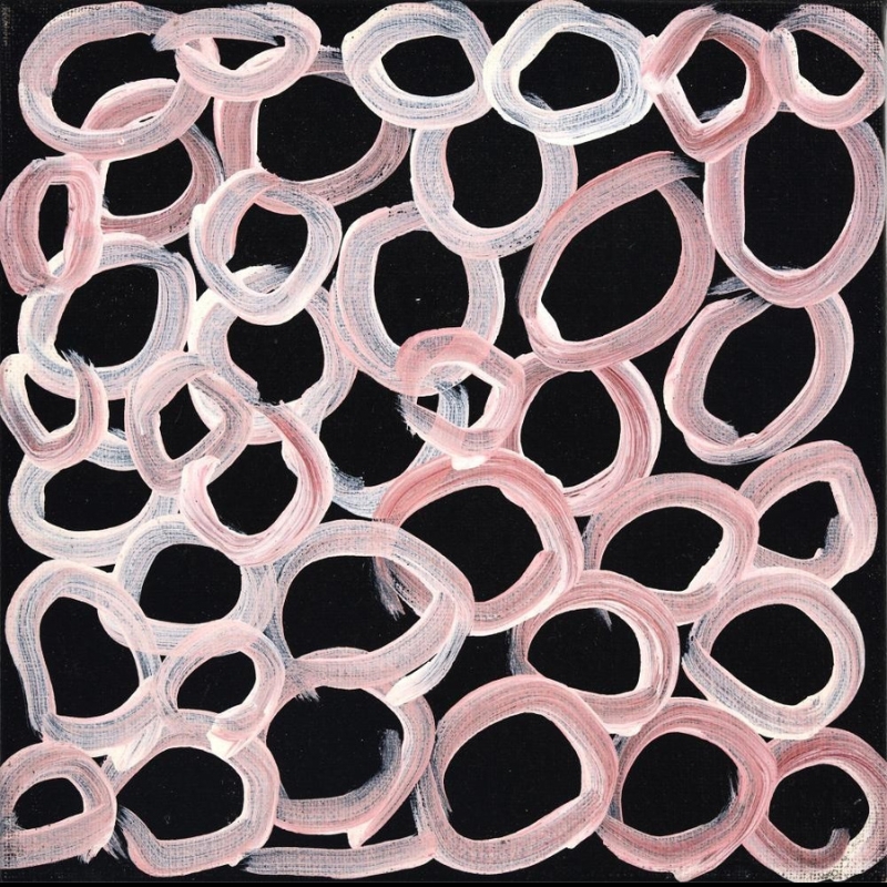 Small Minnie Pwerle painting of loosely brushed pale pink and white rings of different sizes overlapping across a black background.