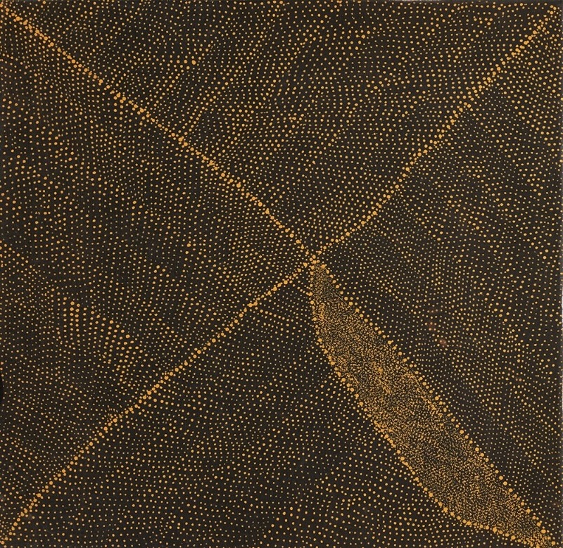 Kathleen Petyarre’s Mountain Devil Lizard Dreaming, 2006, with golden dots, intersecting lines and an elongated form on a dark ground.