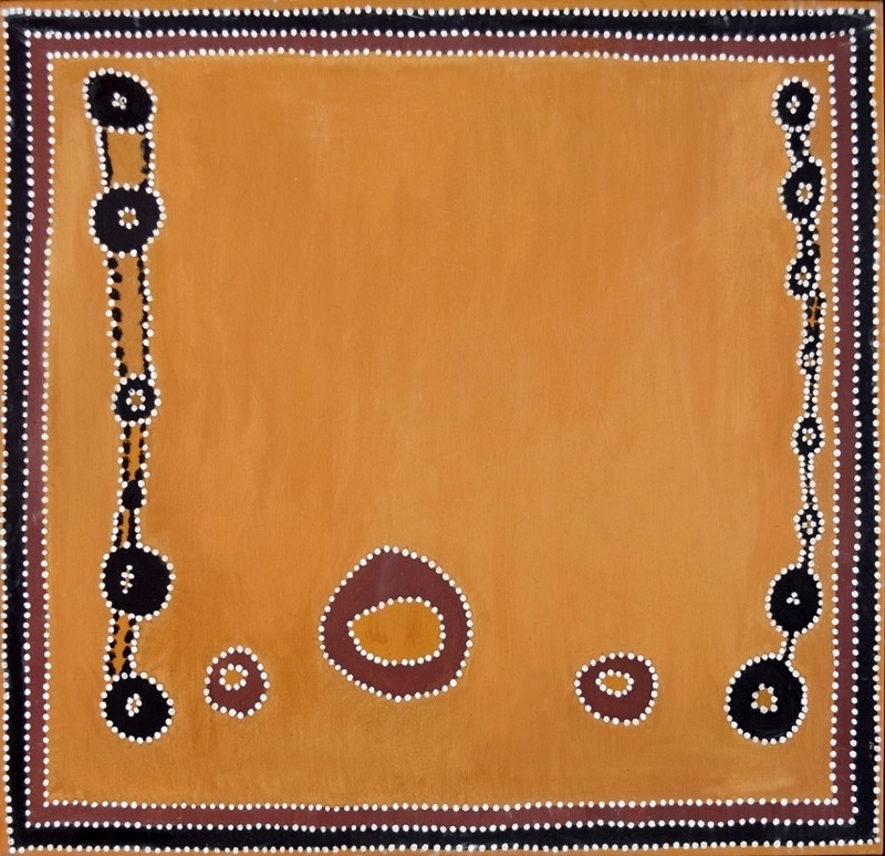 Rover Thomas ‘Bubba’ Dog Dreaming, 1996, depicting Wild Dog Dreaming rockholes around Yalda Soak near Well 33 on the Canning Stock Route.