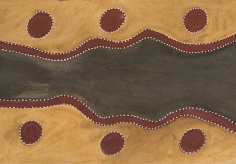 Hector Jandany Aboriginal ochre painting showing a broad dark winding form bordered by red ochre and white dots, surrounded by six red circular forms on a yellow ground.