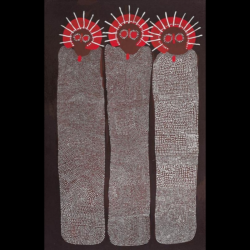 Jack Dale Mengenen painting of three extremely tall Wandjina with large circular eyes, red radiating halos and long dark bodies densely covered with thousands of fine white dots.