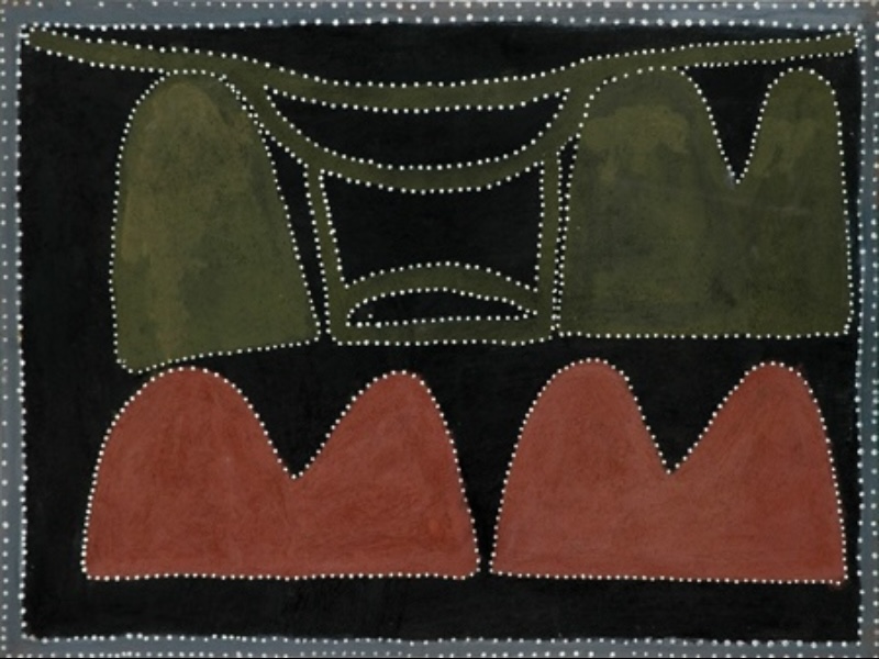 Ochre painting on a black ground with four large red and green hill-like forms, outlined in white dots, beneath layered curved lines and enclosed geometric shapes.