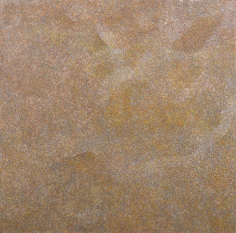 Kathleen Petyarre’s Untitled, 2001, with dense ochre, white and grey fine dotting forming softly shifting fields across the composition.