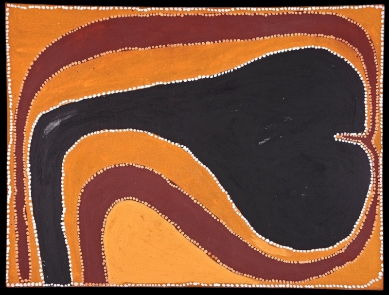 Rover Thomas Cyclone Tracy 1995, with a sweeping black form surrounded by curved bands of red and golden ochre outlined with white dots.