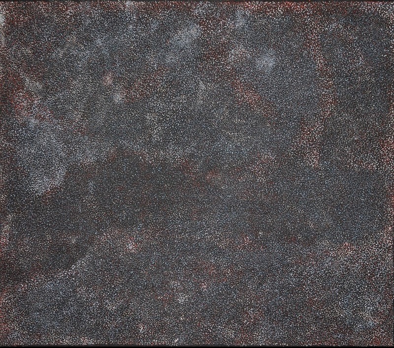 Kathleen Petyarre’s Mountain Devil Lizard Dreaming, 2010, with dense white and red dotting forming an atmospheric field across a dark ground