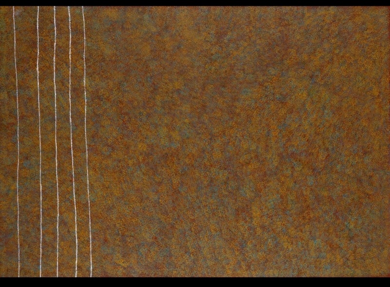 Kathleen Petyarre’s Mountain Devil Lizard Dreaming, 2007, with layered ochre dotting and parallel white lines along one side.