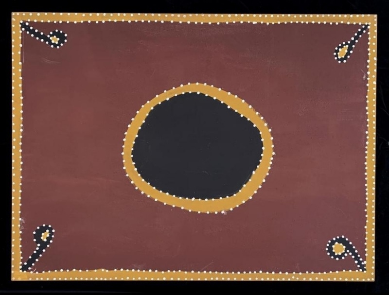 Rover Thomas Meeting Place, Warmun or Kununurra, 1996, ochre on canvas, with a large central meeting place surrounded by four smaller forms.