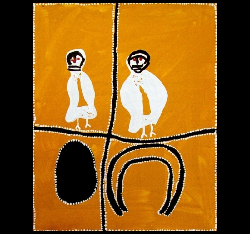 Rover Thomas Mook Mook the Owl at Tunnel Creek 1995, depicting two white owls above a black cave and arched cave entrance on a golden ochre ground.