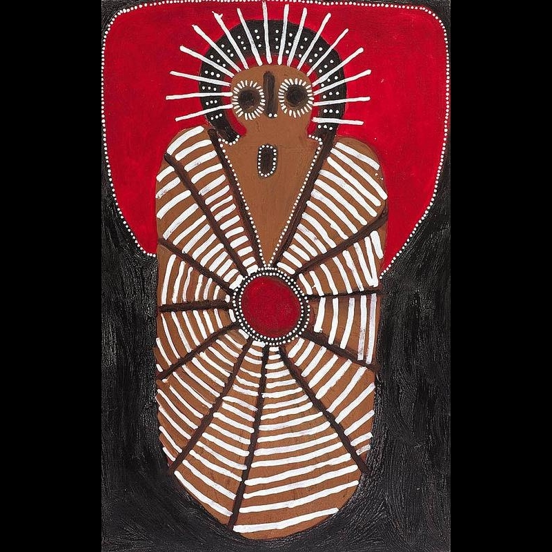 Jack Dale Mengenen painting of a single Wandjina with large circular eyes, radiating black-and-white halo and an elongated brown body crossed by white curved lines forming a spider-web pattern.