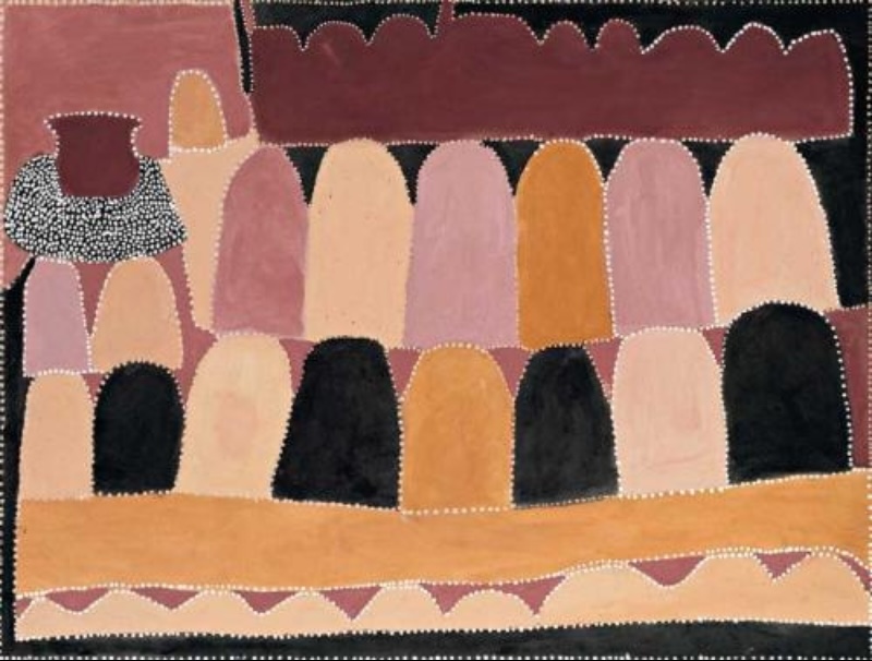 Queenie McKenzie painting with rows of rounded pink, cream, ochre and black hills beneath a dark red range, with a dotted form at left.
