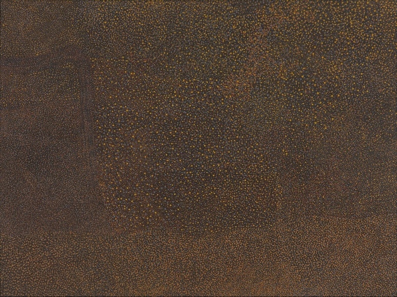 Kathleen Petyarre’s Dreaming Country of the Thorny Devil Lizard, 1995, composed of dense ochre, yellow and brown dots forming subtle areas of movement.