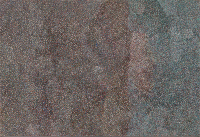 Bush Plum Dreaming painting by Angelina Pwerle, densely covered with thousands of tiny red, ochre, pale and blue-green dots forming subtle shifting areas across a dark ground.
