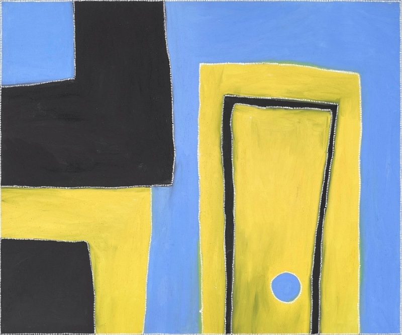 Rammey Ramsey painting divided into large fields of bright blue, yellow and black. A tall yellow rectangular form dominates the right side and contains a small blue circle, while large angular black and yellow forms occupy the left.