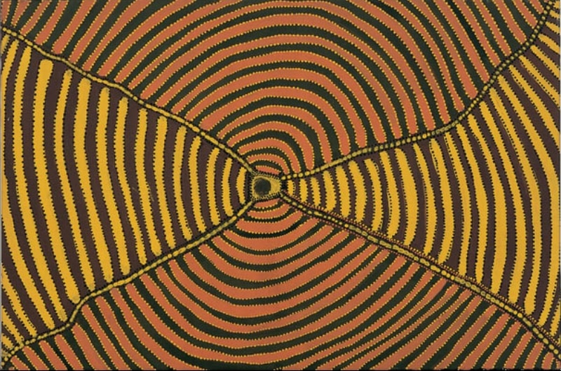 Kathleen Petyarre’s Untitled, 1992, with concentric bands of red, yellow and black divided by crossing linear forms.