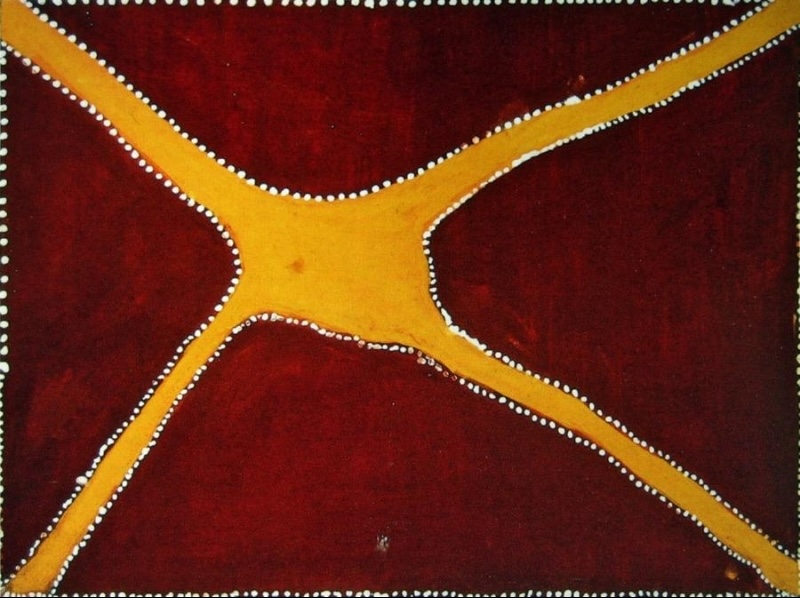 Rover Thomas painting with a broad golden-yellow crossroads shape extending diagonally towards all four corners against a deep red-brown ground. Small white dots closely outline the yellow roads and form a dotted border around the edge of the canvas.