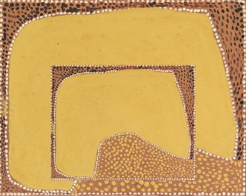 Rover Thomas painting dominated by golden yellow ochre, with a large rounded rectangular band surrounding a smaller central yellow field. Brown border areas are densely covered with black, white and ochre dots, while a dotted brown mound rises across the lower right
