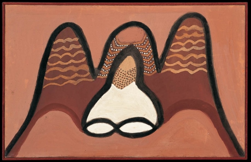 Hector Jandany ochre painting with three large rounded red-brown hills outlined in black, patterned with wavy ochre bands and white dots, surrounding a central white figure-like form.