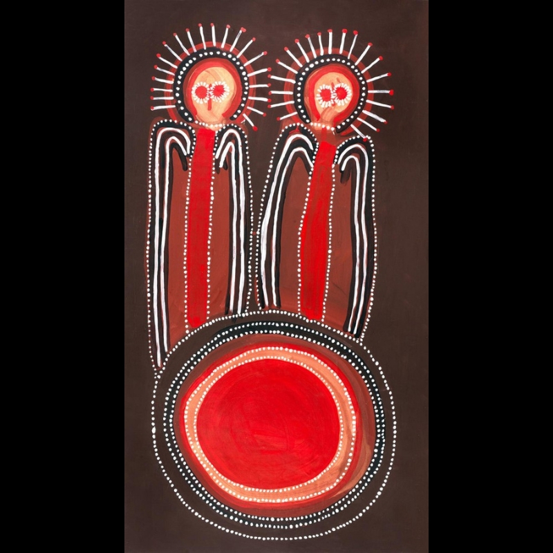 Jack Dale Mengenen painting of two tall Wandjina with large circular eyes and radiating halos standing above a large concentric red, brown and black circular form.