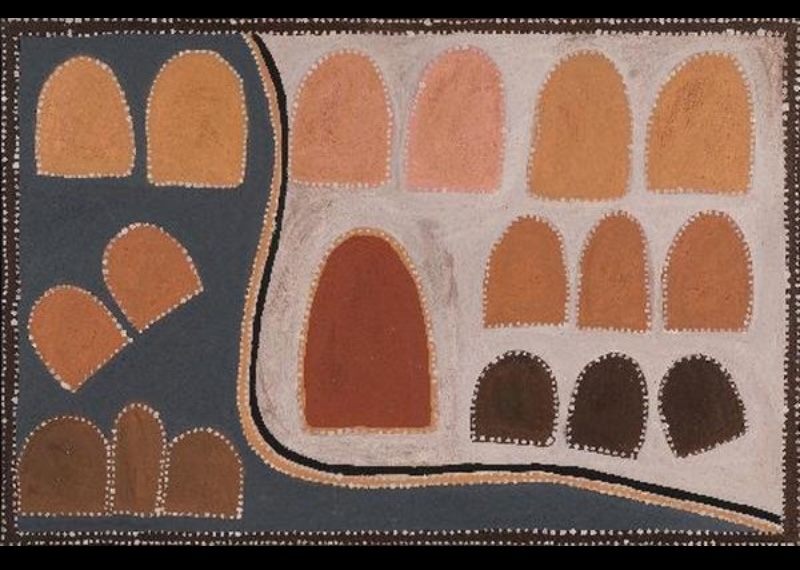 Queenie McKenzie ochre landscape with groups of rounded orange, pink and brown hills divided by a curving black track on a blue-grey ground.