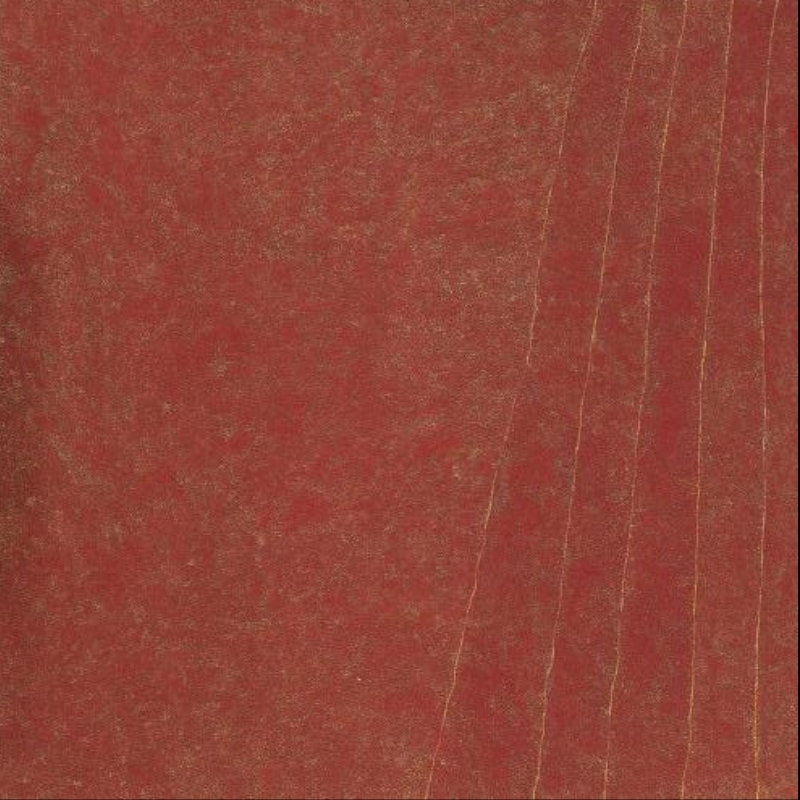 Kathleen Petyarre’s My Country – Bush Seeds (Sand Storm), 2002, with subtle fine dotting and long parallel ochre lines across a red ground.