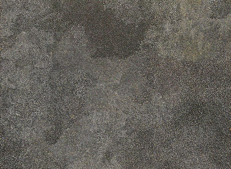 Bush Plum painting by Angelina Pwerle, densely covered with thousands of tiny pale dots forming rounded and irregular areas across a dark grey ground.