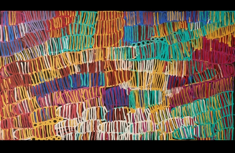 Minnie Pwerle Awelye – Atnwengerrp painting with dense multicoloured ceremonial body-paint lines across a black ground.