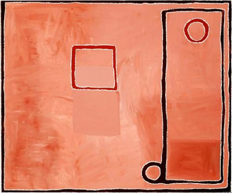 Rammey Ramsey painting dominated by softly brushed fields of pink, salmon and red. A tall black-outlined rectangular form occupies the right side with a red circle near its top, while a smaller rectangle and circular form appear across the centre and lower edge.
