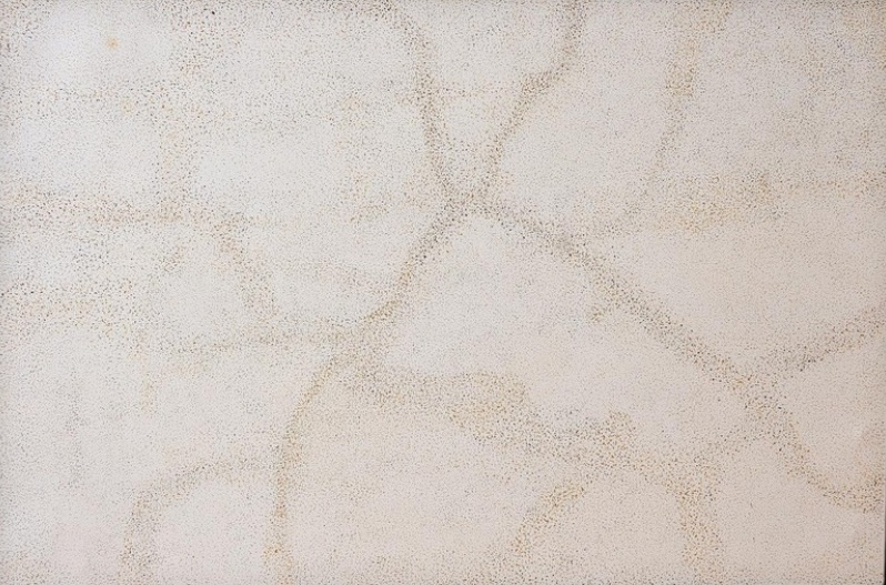 Kathleen Petyarre’s Mountain Devil Lizard Dreaming, 1995, with extremely subtle fine dotting and pale linear forms across a predominantly white ground.
