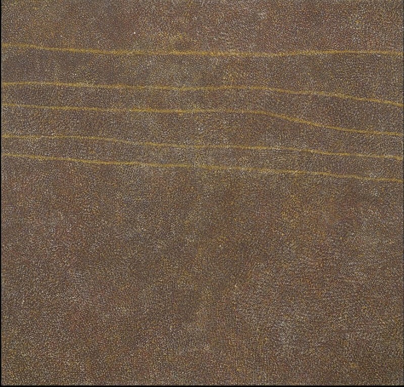 Kathleen Petyarre’s My Country – Bush Seeds, 1998, with dense ochre fine dotting crossed by a series of parallel horizontal lines