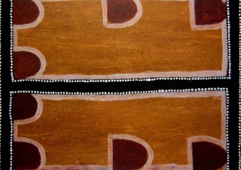 Rover Thomas painting in golden brown, dark red, black and white. Two large horizontal golden-brown rectangular fields are separated by a broad black band outlined with rows of white dots. Dark red rounded shapes edged in pale pink project into the golden fields from the sides and edges, while black and white dotted borders frame the composition.