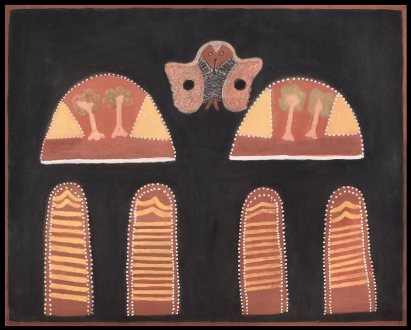 Hector Jandany Aboriginal ochre painting showing an ancestral owl above two rounded hills containing trees, with four tall striped hill forms below against a black ground.