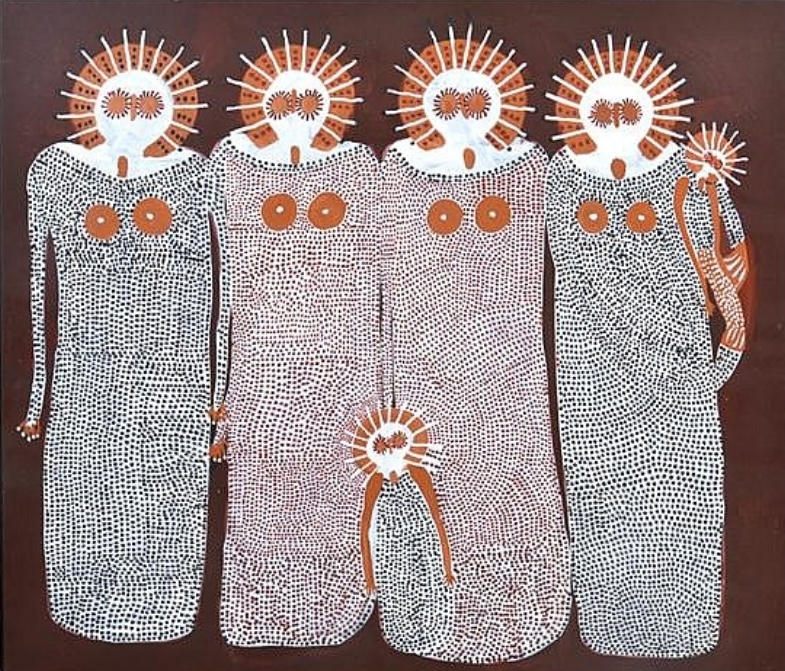 Jack Dale Mengenen painting showing four large Wandjina figures with white dotted bodies and radiating halos, accompanied by two smaller Wandjina figures against a dark brown background.