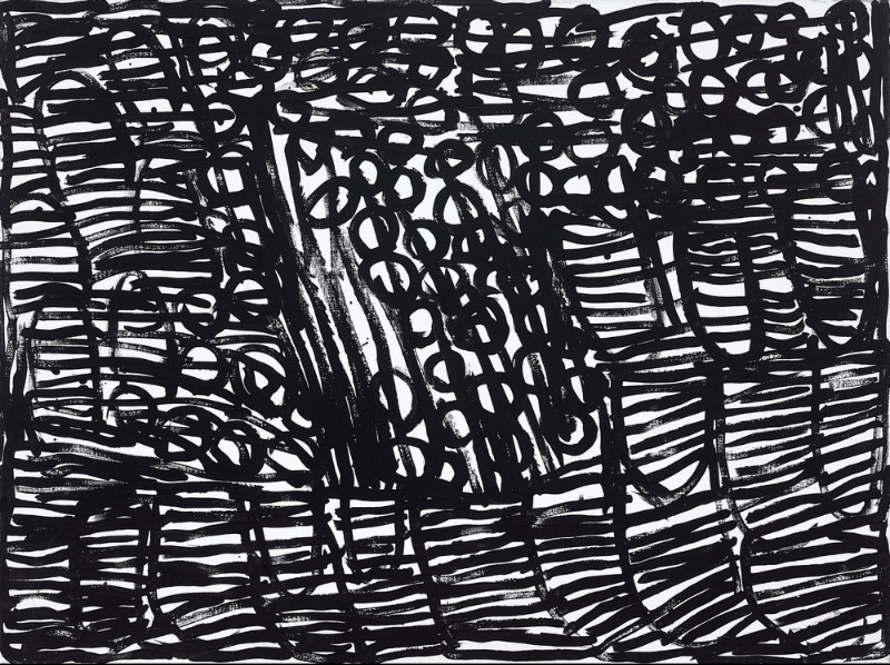 Minnie Pwerle four-panel painting of bold black lines forming dense overlapping stripes, loops, grids and circular shapes across a white background.