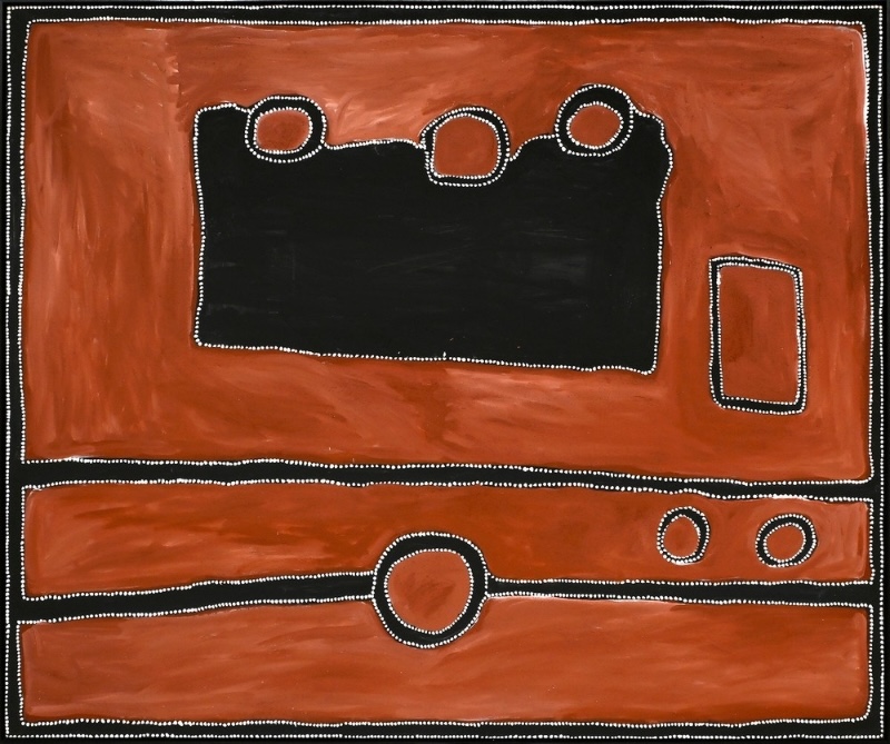 Rammey Ramsey painting on a red-ochre ground with a large irregular black form across the upper centre, three rounded red forms along its top edge, and horizontal black bands below. Circles, rectangles and the principal forms are outlined with rows of small white dots