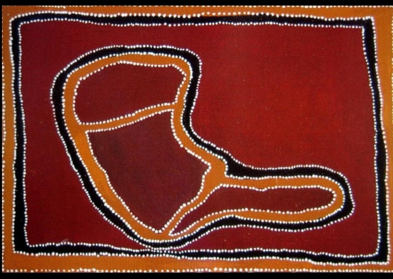 Rover Thomas Pompeii Pillar, 1996, earth pigment on canvas, depicting the landmark Numalawari near Warmun in red, yellow, black and white ochre.
