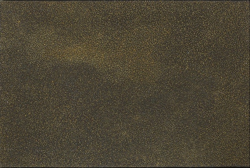 Kathleen Petyarre’s Thorny Devil Lizard Dreaming, 1997, with extremely fine yellow-ochre dots forming subtle shifting patterns across a dark ground.
