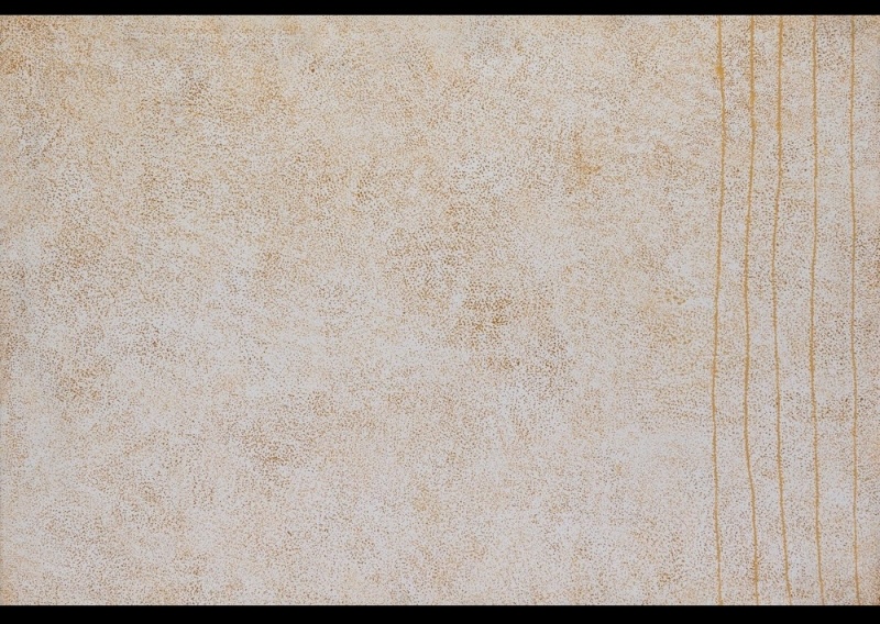 Kathleen Petyarre’s My Country – Bush Seeds, 2004, with dense ochre fine dotting across a pale ground and long parallel lines at the right.