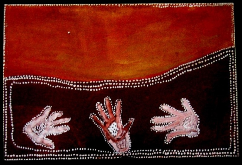 Rover Thomas painting divided into a broad red-orange field above and a dark brown-black field below. Three hand shapes in pale pink, red and white are arranged across the lower section, each outlined with small white dots. Curving parallel rows of white dots separate the two colour fields and frame the canvas.