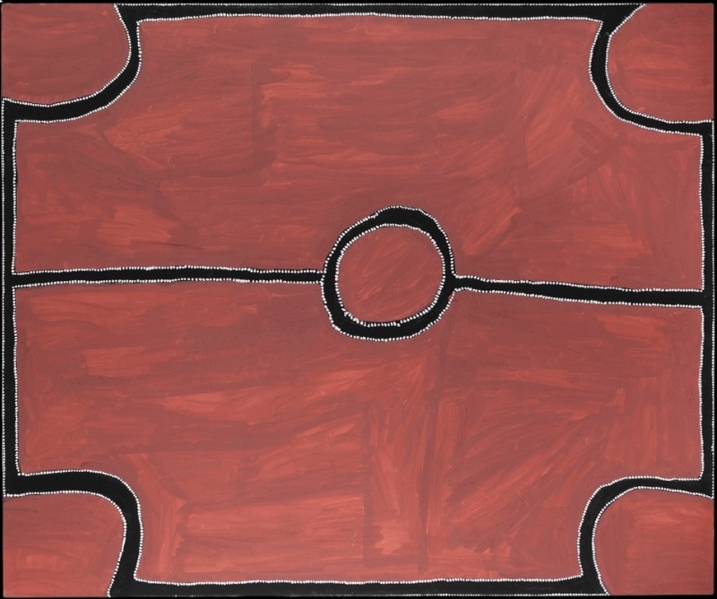 Rammey Ramsey painting on a broadly brushed red-ochre ground, divided horizontally by a black line passing through a large central circle. Large curved black forms enter from each corner, with all black elements edged by rows of small white dots.